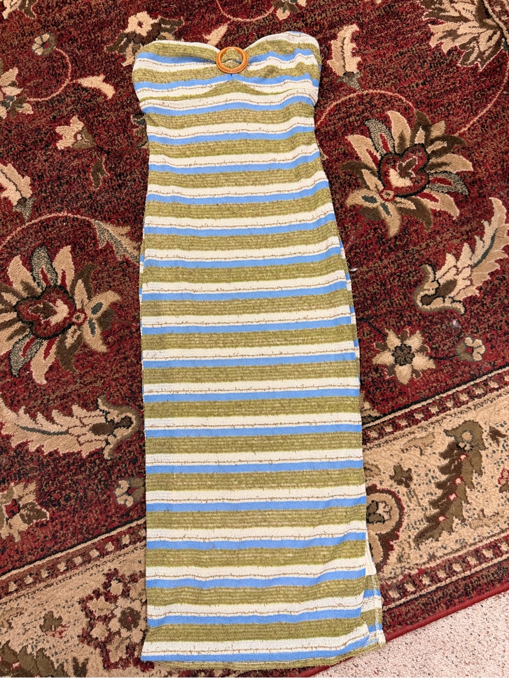 Lulu's Olive Green & Light Blue Striped Strapless Maxi Dress